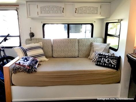 Custom built daybed in RV with storage under seat Daybed Camper, Camper Daybed Ideas, Daybed In Camper, Daybed In Rv, Rv Seating Ideas, Rv Sofa Bed, Camper Furniture, Trailer Redo, Rv Sofas