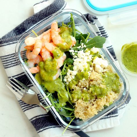 Green Goddess Quinoa Bowls with Arugula & Shrimp Heart Healthy Lunches, Green Goddess Quinoa, Lunches For Work, Green Goddess Salad Dressing, Lunch Bowls, Quinoa Bowls, Healthy Lunches For Work, Grain Bowls, Protein Lunch