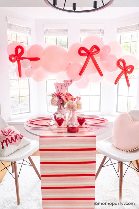 Tying the Knot of Love: A Bow-Themed Valentine's Day Party Guide Red And Pink Table Runner, Valentine’s Day Balloon Garland, Valentines Balloon Garland, Valentines Day Theme Party, Valentines Dessert Table, Valentine Dessert, Valentine Plates, Kids Valentine Party, Balloon Cloud