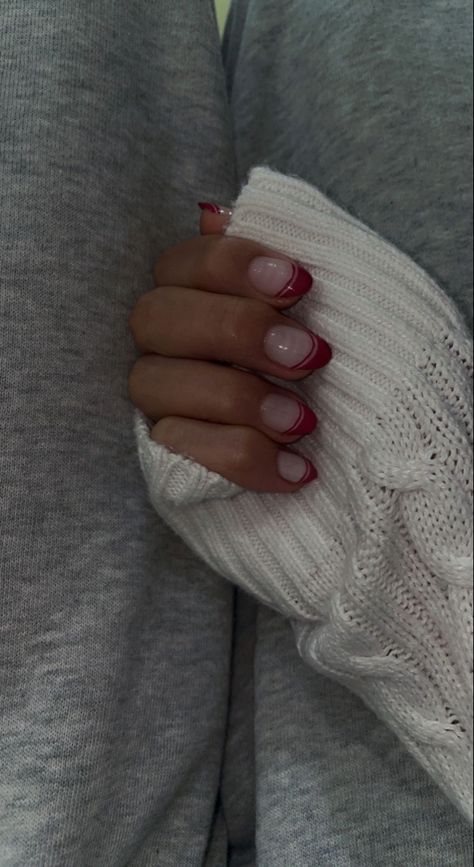 Red french nails with extra line. Red French Nails, Red French, Red Line, French Nails, Dark Red, Acrylic Nails, Nails, Red, White