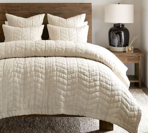 Pottery Barn Quilts, Cream Bedding, Pottery Barn Bedding, Bedroom Quilts, Hello Lovely, Quilted Sham, Blue Pottery, Quilted Coverlet, White Quilt