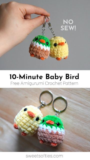 10-Minute Baby Bird · Free Amigurumi Crochet Pattern - Sweet Softies Easy Crochet Critters, Crochet Bird Feet Free Pattern, Quick Free Crochet Toy Patterns, Cute Small Amigurumi, Free Crochet Pocket Pal Patterns, Mini Amigurumi Animals, Crochet Small Keychain Pattern Free, Chunky Crochet Keychain, Crochet Mini Bird