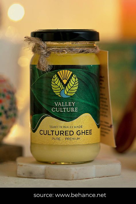 creative ghee jar label design Ghee Jar Label Design, Ghee Photography, Ghee Packaging Design, Dairy Products Packaging Design, Jar Label Design, Desi Cow, Jolly Ranchers Candy, Yogurt Packaging, Organic Ghee