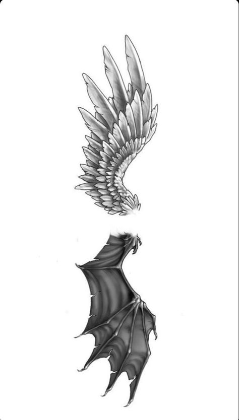 Angel Wing Demon Wing Tattoo, Angel And Demon Neck Tattoo, Tattoos Wings Back, Demon And Angel Wings Tattoo, Wings On Ribs Tattoo, Angel Demon Wings Tattoo, Men Wing Tattoo, Dark Angel Wings Tattoo, Angel Devil Wings Tattoo