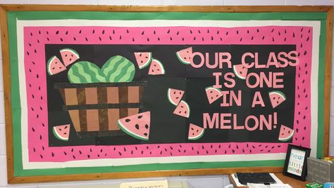 One in a Melon Summer Bulletin Board Berry Bulletin Board Ideas, One In A Melon Bulletin Board, Picnic Bulletin Board Ideas, Picnic Bulletin Boards, Melon Ideas, Summer Daycare, Daycare Projects, Summer Bulletin Board, June Art