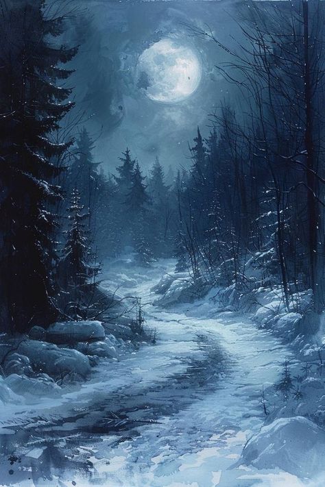 Hunt Aesthetic, Dark Forest Aesthetic, Snow Night, Forest Drawing, Dark Nature, Winter Landscape Painting, Snow Forest, Painting Snow, Environment Art