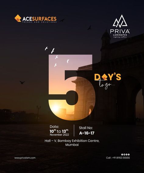 Just 5 Days to go! Priva Laminates is participating at Ace Surfaces Mumbai for exhibiting magnificent collection of laminates. #acetech #acesurfaces #privalaminates #acetechexhibition #acetechexhibition2022 #Bombayexhibitioncenter #architecture #glimpse #grandinauguration #mumbai #acetechmumbai #tradefair #tradeshow #bestlaminates #laminatecollection #laminates #furniture #decoration #laminateflooring #naturalwood #laminatesurfaces #interiordecoration #interiordecorator Furniture Exhibition Poster, Exhibition Social Media Post, Map Creative Ads, Expo Invitation, Countdown Poster, Pull Up Banner Design, Instagram Grid Design, Church Media Design, Instagram Feed Planner