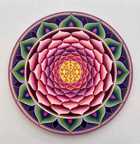 Painting, oil on canvas, diameter 40cm Shree Yantra Painting, Sacred Geometry Lotus, Yantra Painting, Lalita Devi, Mandala Therapy, Shilpa Shastra, Lotus Mandala Design, Lalitha Sahasranamam, Shree Yantra