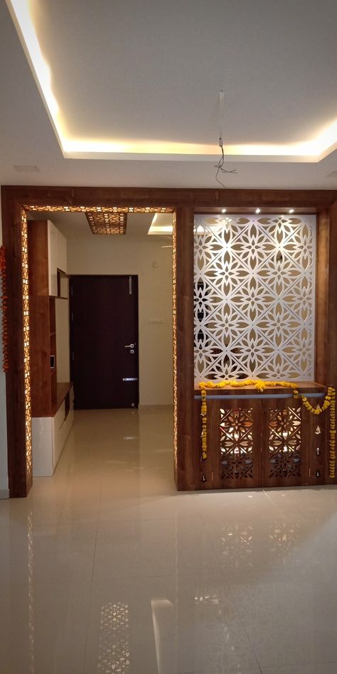 Living Room Partition With Temple, Partition With Mandir Design, Puja Unit With Partition, Puja Partition Design, Pooja Partition In Living Room, Pooja With Partition, Standing Balcony Ideas, Pooja Room In Apartments, Apartment Pooja Room Ideas