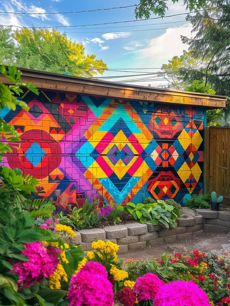 Discover 28 amazing garden wall painting ideas to revitalize your backyard! From stone and brick to wood and concrete, these outdoor wall art ideas will add a touch of magic to your space. Imagine a colorful wildflower mural or eye-catching garden art on a cinder block wall. These backyard mural ideas will inspire you to create a stunning and inviting outdoor area that everyone will admire. Backyard Block Wall Painting Ideas, Painted Retaining Wall Concrete Blocks, Cinder Block Mural Ideas, Side Of Garage Decorating Ideas, Brick Art Wall, Mural On Cinder Block Wall, Decorate Brick Wall Outdoor, Concrete Block Walls Ideas Outdoor, Diy Outdoor Wall Art Ideas