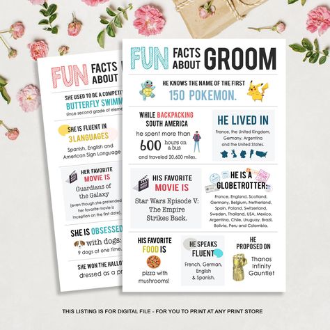 Personalized Fun Facts About Bride Infographic Sign - Wedding and Bachelorette party decoration ideas - Costume Fun Wedding Infographic - HIS LISTING IS FOR A DIGITAL COPY ONLY - NO PHYSICAL PRODUCT WILL BE SHIPPED TO YOU! HOW TO ORDER: 1. Please choose Size and Turnaround time from drop down menu. 2. Fill out the personalized box details. 3. Add item to cart and make a purchase. If you are ordering 2 or more items from my shop, enter the discount code GO15GO Once you make a purchase you will re Fun Facts About The Couple Wedding, Wedding Facts About Couple, Multilingual Wedding Ideas, Bride And Groom Fun Facts, Interactive Wedding Games, Weird Wedding Ideas, Personal Wedding Ideas, Unique Wedding Activities, Interactive Wedding Ideas