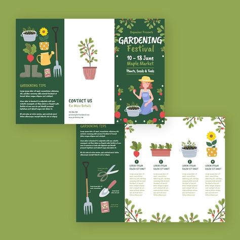 Marketing Pamphlet Design, Brochure Graphic Design Inspiration, Bifold Brochure Design Layout, Cute Brochure Design, Brochure Environment, Brand Brochure Design, Brochure Design Layout Templates, Pamphlets Design Ideas, Gardening Branding