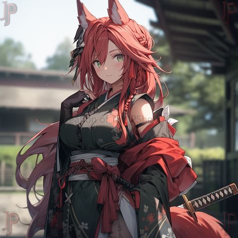 Kitsune Swordsman, Anime Fox Woman, Anime Fox Female, Fox Girl Kitsune, Fire Kitsune, Kitsune Female, Kitsune Samurai, Red Hair Ponytail, Fantasy Adventurer