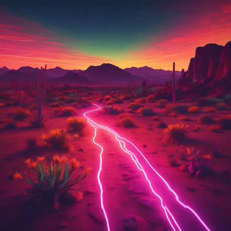 "Neon Desert Lights" by Ambie user IdyllicCinematographer Neon Desert Aesthetic, Neon Desert, Neon Landscape, Desert Aesthetic, Pink Desert, Neon Decor, Salon Suites, Desert Sunset, Anime Artwork Wallpaper