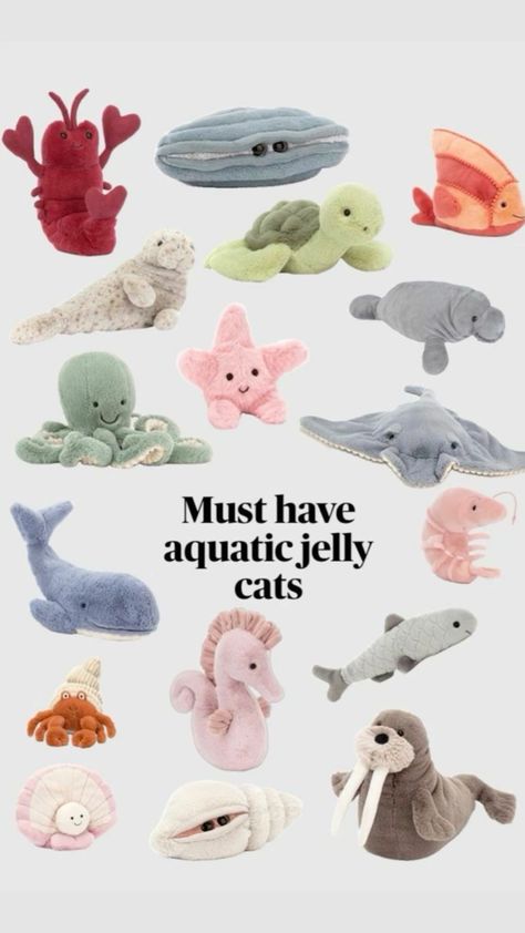 Aquatic jelly cats🎀 Best Jelly Cats, Jelly Cat Octopus, Summer Jelly Cats, Jellyfish Stuffed Animal, Beachy Jellycats, Ocean Jellycat, Whale Jellycat, Starfish Jellycat, Beach Jellycat