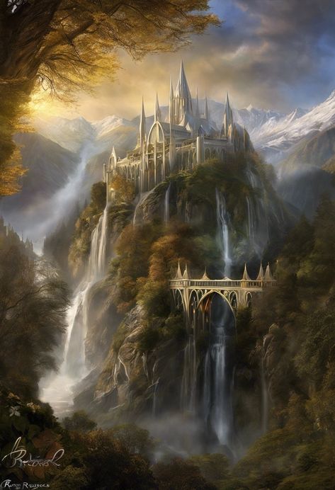 Lord Of The Rings Elf City, Elven City Fantasy Art, Elf Kingdom Fantasy Art, Lord Of The Rings Elves Aesthetic, Fantasy Elven City, Rivendell Wallpaper, Rivendell Lotr, Rivendell Art, Rivendell Aesthetic