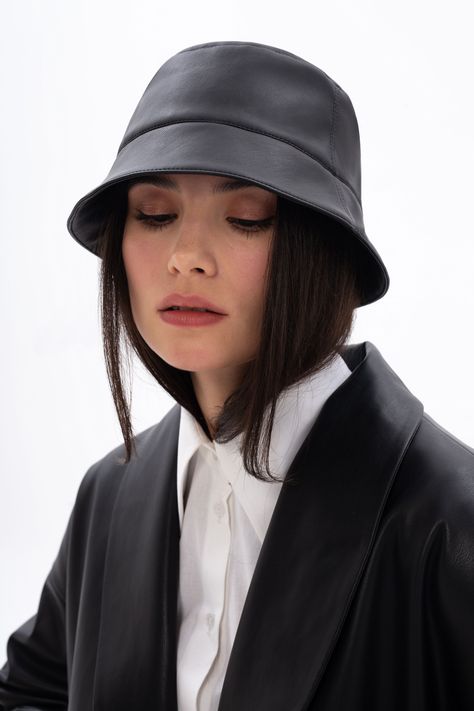 VERTIGO Black Leather Bucket Hat. Your perfect spring accessory to highlight a stylish outfit! Leather Bucket Hat Outfit, Black Bucket Hat Outfit, Bucket Hat Leather, Leather Bucket Hat, Bucket Hat Outfit, Black Bucket Hat, Spring Accessories, Jan 1, Stylish Outfit