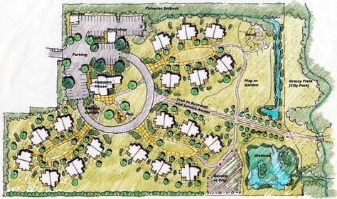 Michelle - Layout - Don't know if we'd have this much space, but there are three central greens here (maybe we'd have two? upper and lower?) that houses can tend as they see fit, plus some green space around the edges of these. Community Layout Plan, Tiny House Community Layout Design, Community Layout, Neighborhood Layout, Eco Village Community Layout, Village Plan, Ecovillage Community, Agri Tourism, Gated Community Masterplan