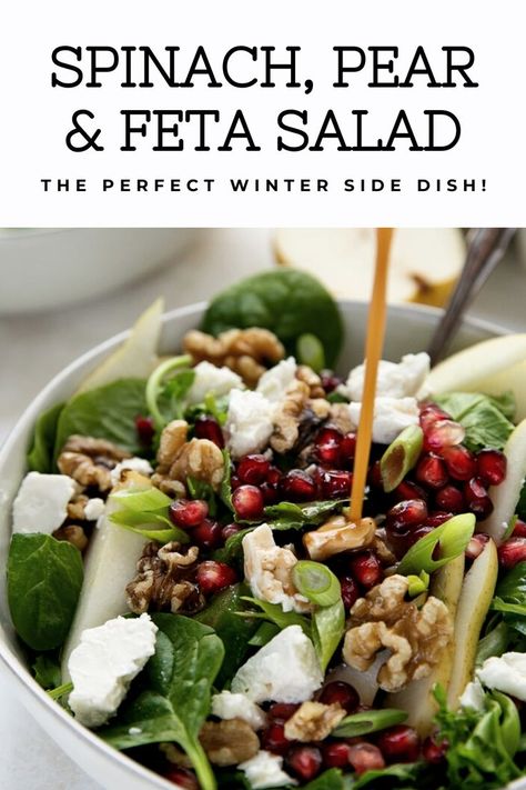 Recipe For Spinach, Feta Salad Recipe, Pomegranate Salad, Good Recipe, Pear Salad, Egg Salad Recipe, Walnut Salad, Autumn Salad, Homemade Salads