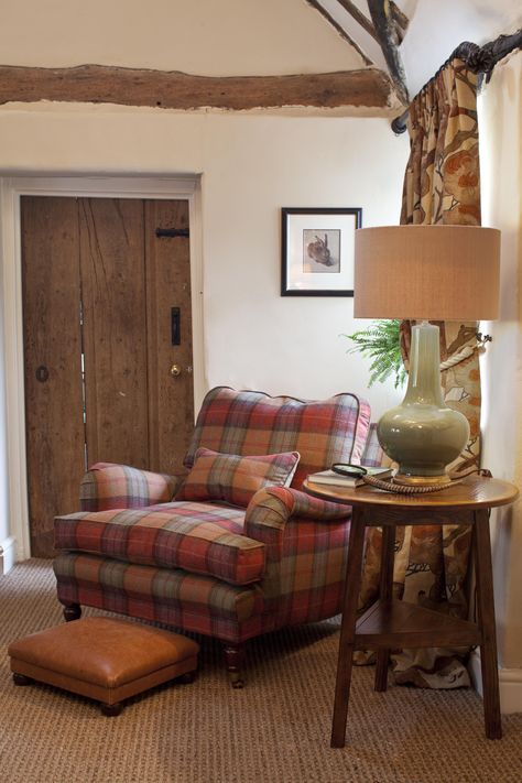 Country Chic...the perfect armchair #jennyblanc #countryhomes Plaid Club Chairs, Mismatched Armchairs, Cottage Armchair, Tartan Armchair, Plaid Armchair, Tartan Furniture, Country Armchair, Arm Chair Styles, Cottage Living Rooms