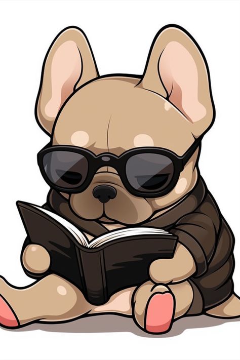 Thoughtful French Bulldog Reading a Book - Digital Cartoon Sticker French Bulldog Drawing Cartoon, Frenchie Cartoon, French Bulldog Cartoon, French Bulldog Drawing, Poodle Drawing, Bulldog Drawing, Pug Mix, French Bulldog Art, Dog Animation