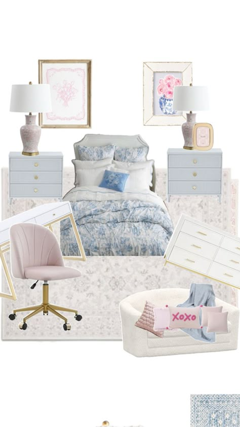 Love Shack Fancy Room Ideas, Blue And Pink Coastal Bedroom, Blue Love Shack Fancy Room, Pink And Blue Coastal Bedroom, Pink Blue And White Bedroom, Blue And White Girls Bedroom, Blue And Pink Bedroom For Adults, Blue And Pink Room Aesthetic, Pink And Navy Bedroom