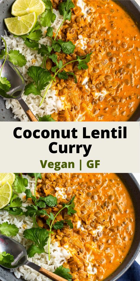 vegan and gluten-free coconut lentil curry Light Curry Recipes, Vegan Red Lentils Recipe, Yummy Vegan Recipes Dinners, Rad El Hanout Recipes, Potato And Lentil Recipes, Indian Vegan Curry, Vegan Lentil Curry Recipes, Vegan Indian Curry Recipes, Curry Lentils Recipe