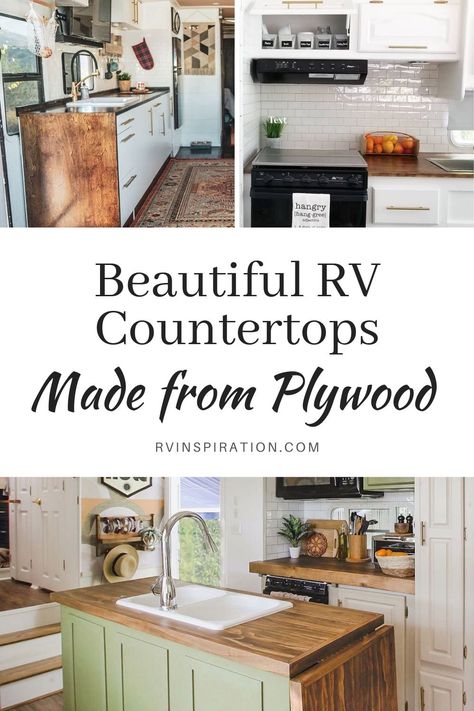 Update your RV kitchen with a beautiful and affordable plywood countertop. #RVrenovation #RVkitchen #RVmakeover #RVcountertop Diy Rv Countertops, Rv Kitchen Island Diy, Rv Countertop Remodel, Rv Countertop Redo, Camper Countertops, Rv Countertop, Diy Countertop Ideas, Rv Flip, Remodeling Rv