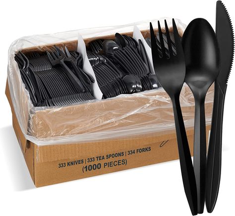 1,000 Plastic Disposable Cutlery Bulk Variety Pack Black Medium Weight Includes 334 forks, 333 knives, 333 soup spoons, Disposable Silverware Plastic Cutlery Disposable Cutlery Wedding, Wedding Cutlery, Cookware Set Best, Gerobak Dorong, Black Cutlery, Plastic Party Cups, Disposable Cutlery, Wooden Fork, Plastic Silverware