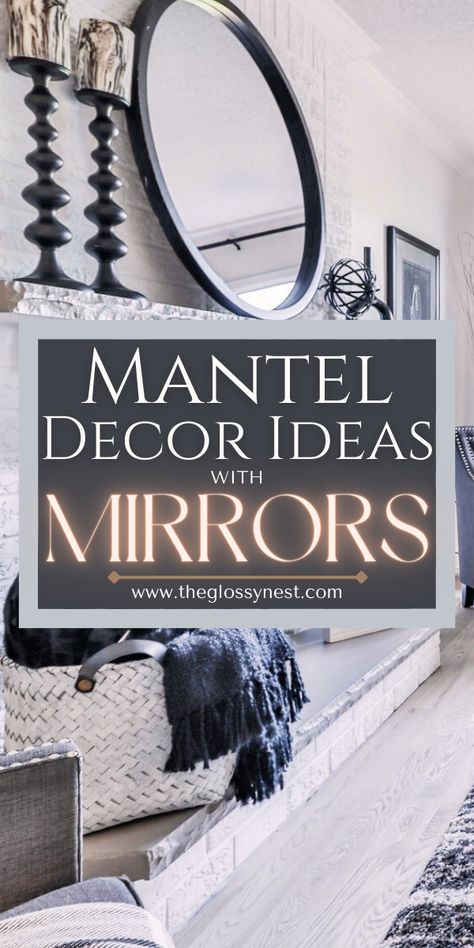 black framed round mirror leaning on a fireplace mantel, with candles, basket, blanket Fireplace Mantle Decor With Round Mirror, Black Fireplace Mantel Decorating Ideas, Round Mirror Above Fireplace Mantle, Large Mirror On Mantle, Mirror On Mantel Ideas, Decorating Around A Mirror On Wall, Black Fireplace Decorating Ideas, Round Mirror On Mantle, Mantel Decor With Round Mirror