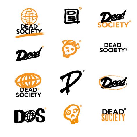 Orange and black streetwear logos in a rough grungy aesthetic Grunge Logos Aesthetic, Grunge Logo Design Inspiration, Grunge Branding Design, Punk Branding Design, Streetwear Brand Logo Ideas, Streetwear Brand Identity, Skate Brand Logo, Grunge Branding, Skate Branding