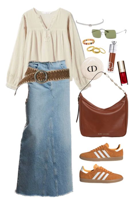 Skirt Belt Outfit, Aesthetic Maxi Skirt, Marc Jacobs Sneakers, Maxi Skirt Denim, Outfit Layering, Gold Jewelry Aesthetic, Belt Outfit, What's In My Bag, Outfit Boho