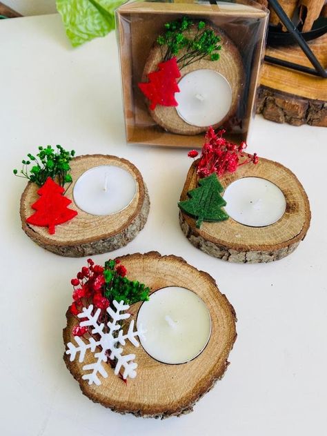 Wooden Log Candle Holders, Christmas Log Candle Holders, Christmas Tealight Holders, Corporate Employee Gifts, Christmas Fayre Ideas, Log Candle Holders, Rustic Christmas Gifts, Wooden Tea Light Holder, Christmas Hostess