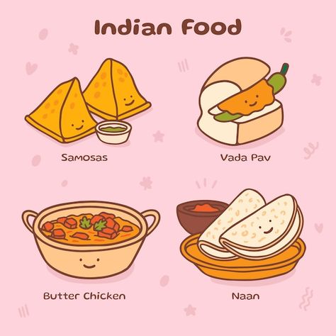 Hand drawn indian cuisine | Premium Vector #Freepik #vector #food-illustration #indian-cuisine #indian-food #delicious Indian Food Drawing Easy, Indian Food Design, Indian Food Doodle, Indian Food Drawing, Indian Food Illustration, Illustration Indian, Indian Drawing, Recipe Book Design, Food Illustration Design