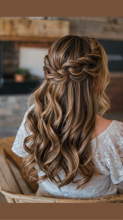 Hair Ideas For Dances Homecoming, Bridesmaid Hairstyles Unique, Bridal Hair Half Up Bubble Braid, Wedding Hair Braided Half Up, Bride Hair With Hair Piece, Wedding Hairstyles Strawberry Blonde, Wedding Hairstyles Down With Braid, Bridal Hair Half Up Braid Front View, Side Style Wedding Hair