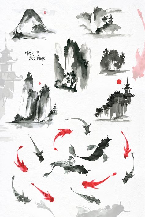 Sumi-e. Japanese ink painting. by Dinkoobraz on @creativemarket Japanese Ink Painting, China Ink, Sumi E Painting, Japan Painting, Chinese Art Painting, Japanese Drawings, Japanese Artwork, Sumi Ink, Chinese Ink