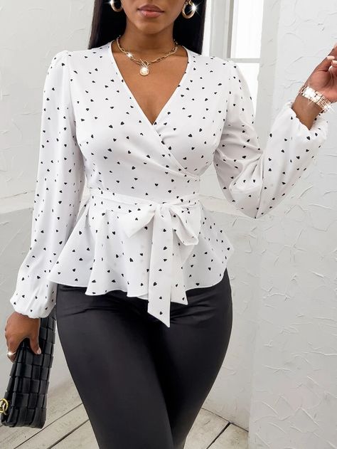 Ladies Tops Fashion Blouses, Belt Blouse, Look Legging, Casual Tie, Classy Work Outfits, Peplum Blouse, Women Blouses, Plus Size Kleidung, Work Attire