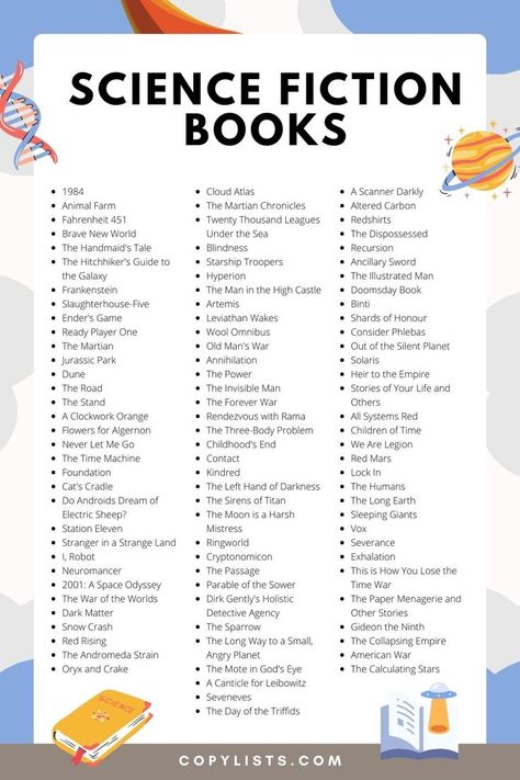 A list of science fiction books with a background of books and planets. The link leads to a readable list of books. Reading List Challenge, Live Long And Prosper, The Handmaid's Tale, Fiction Books Worth Reading, Fahrenheit 451, Handmaid's Tale, Recommended Books To Read, Book Challenge, Science Fiction Books