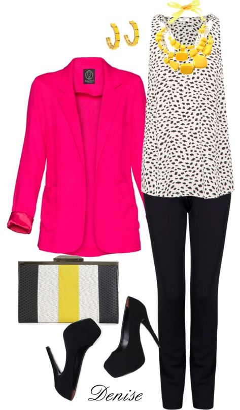 "Hot pink Blazer" by deniselanders on Polyvore Hot Pink And Black Outfit, Hot Pink Blazer Outfit, Blazer Printed, Blazer Business Casual, Pink Blazer Outfit, Hot Pink Blazer, Hot Pink Blazers, Yellow Accessories, Business Casual Blazer