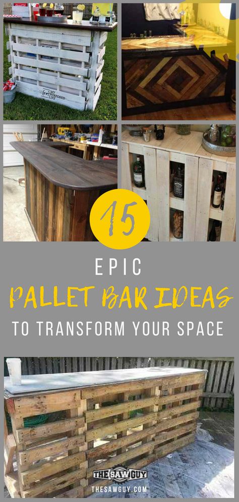 Looking to upgrade happy hour at home?  How about a custom bar made from recycled wood pallets?  Check out our 15 epic pallet bar ideas that are guaranteed to transform your space.  #DIYbarcounter #DIYpalletbarcounter #DIYbarcounterideas #outdoorbarcounter #outdoorbarideas #palletfurnitureideas Wood Pallet Bar Ideas, Make A Bar Out Of Pallets, Palet Bar Ideas Diy Projects, Pallet Board Bar, Palette Bar Outdoor, Outdoor Pallet Bar Ideas, Bar Made Of Pallets, Rustic Pallet Bar Ideas, Easy Pallet Bar Diy Projects