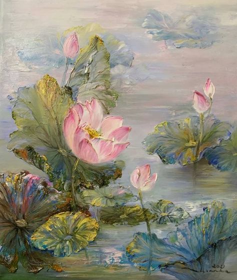 Original impressionism painting by Thien Ha (Vietnam). This one-of-a-kind oil on canvas painting measures 23.6W x 27.6 H inches. The floral painting ships in a tube directly from the artist's studio and is covered by the 14-day satisfaction guarantee from Saatchi Art, so you can buy with confidence. Art Core, Personal Investigation, Lotus Art, Impressionism Painting, Lotus Flowers, Impressionism Art, Clay Art Projects, Frame Art, Ethereal Art