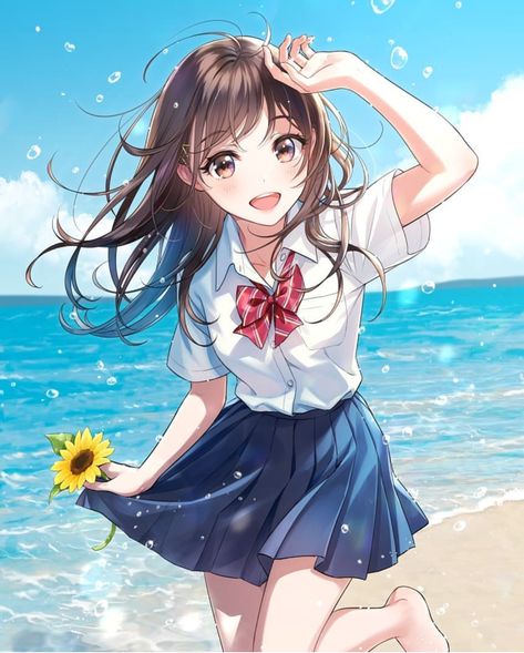 An Anime, Long Hair, The Beach, Sunflower, Water, Hair, Anime