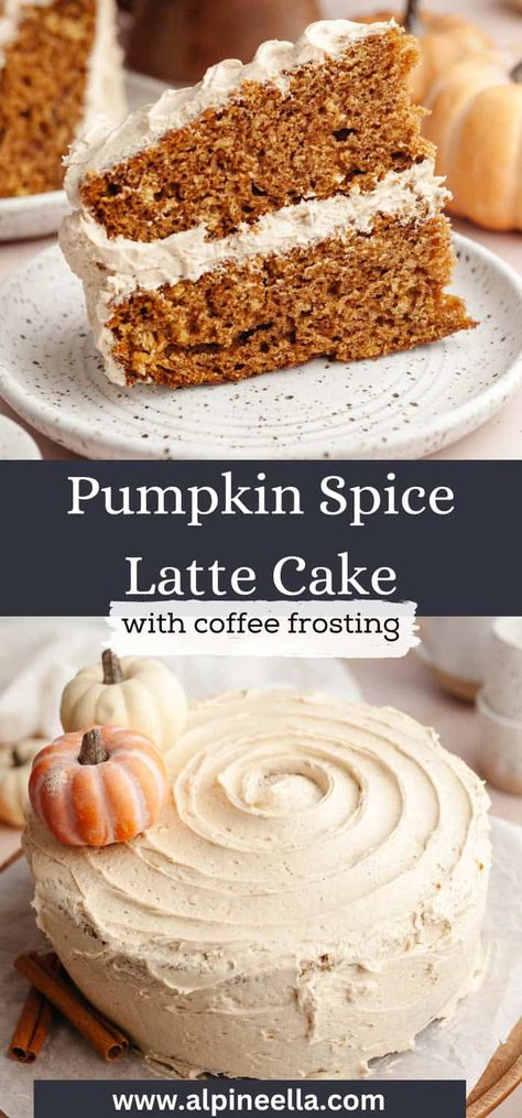 Celebrate PSL season with this pumpkin spice latte cake! Soft & fluffy pumpkin cake layers topped with espresso & pumpkin spice frosting. Pumpkin Spice Frosting, Pumpkin Spice Latte Cake, Latte Cake, Spice Frosting, Espresso Cake, Coffee Buttercream, Pumpkin Spice Cake, Homemade Pumpkin Puree, Caramel Frosting