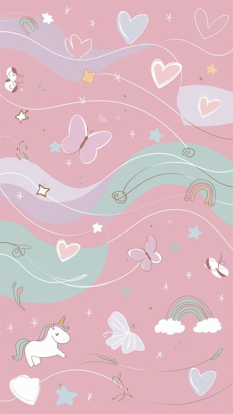 Dive into a whimsical world with our dreamy, pastel pink wallpaper, crafted for a charming girly aesthetic. The delicate pink background is adorned with playful hearts, gentle stars, and fluttering butterflies. Subtle, flowing patterns in pastel hues of lavender, mint green, and baby blue add an enchanting touch. Charming accents of cartoon unicorns, rainbows, and fairy wands scatter tastefully throughout, creating a light and visually appealing design. Perfect for infusing a magical, youthful ambiance into any feminine space. #DreamyWallpaper #GirlyAesthetic #PastelPerfection Cute Aesthetic Pastel Wallpaper, Wallpaper Cute Girly, Cute Backgrounds Aesthetic Pastel, Pink Blue Wallpaper, Pastel Space Wallpaper, Butterfly Pink Wallpaper, Unicorn Wallpaper Aesthetic, Cute Blue And Pink Wallpapers, Pastel Pink And Blue Aesthetic