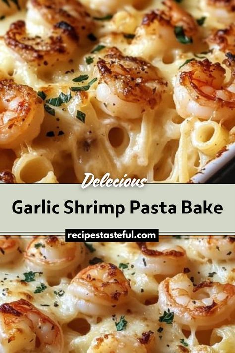 A creamy and cheesy pasta bake featuring tender shrimp, cooked pasta, and a flavorful garlic sauce, baked to bubbly perfection. Garlic Shrimp Bake, Baked Ziti With Shrimp, Bowtie Pasta And Shrimp Recipes, Garlic Shrimp Pasta Bake, Shrimp Alfredo Garlic Bread, Shrimp Pasta Bake Recipes, Shrimp Pasta Casserole Recipes, Mary Me Shrimp Pasta, Baked Seafood Pasta