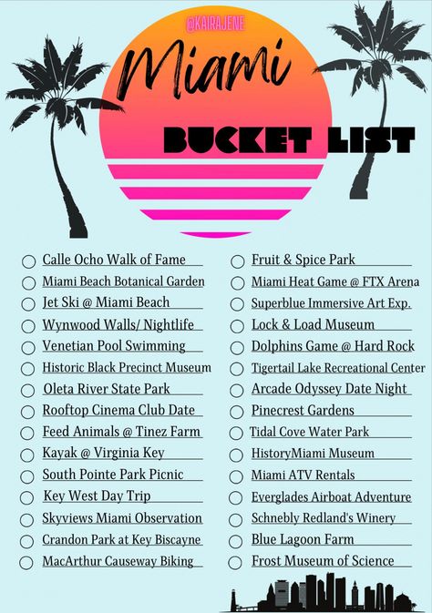 A bucket list with variety that I put together for my husband and I when we moved to Miami. Enjoy with friends, loved ones, etc. 😉 Miami To Do List, Things To Do In Miami With Teens, Miami Must Do Bucket Lists, Miami Checklist, Miami To Do, Fun Things To Do In Miami, Miami Florida Things To Do, Miami Things To Do, Places To Go In Miami