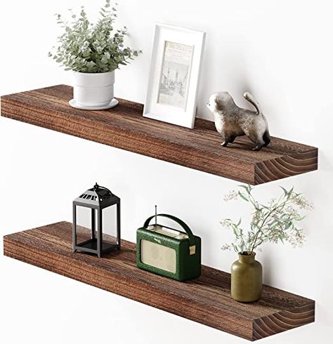 VERTORGAN Floating Shelves, Wood Wall Shelves, Rustic Wall Mounted Floating Shelf with Large Storage for Bedroom Living Room Bathroom Kitchen Office (Set of 2, Brown, 23.6 Inch) Dark Brown Floating Shelves, Floating Shelves Wood, Brown Shelves, Bathroom Vibes, Wood Wall Shelves, Storage For Bedroom, Rustic Wood Floating Shelves, Shelves Wood, Decorative Shelving