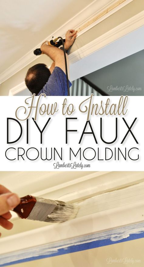 Check out this easy DIY for making existing crown molding look thick! Simply installing additional trim molding and using a faux painting trick makes simple molding look expensive. Crown Molding Diy, Faux Crown Molding, Ceiling Trim Ideas, Thick Crown Molding, Cheap Crown Molding, Faux Crown Moldings, Simple Crown Molding, Easy Crown Molding, Diy Crown Molding