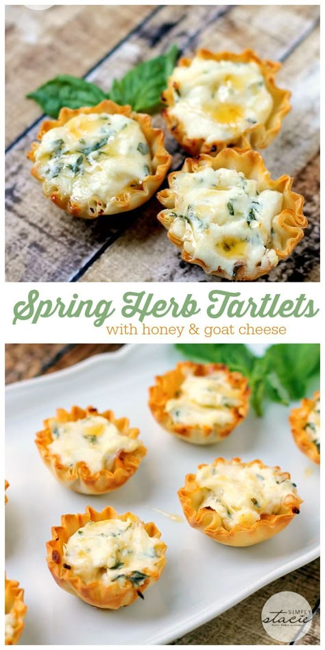 Spring Herb Tartlets with Honey and Goat Cheese - creamy, smooth filling with a fresh burst of herb-y flavour and a touch of sweetness all nestled inside a buttery phyllo pastry cup! Spring Appetizers, Phyllo Pastry, Party Food Appetizers, Best Appetizers, Yummy Appetizers, Appetizers For Party, Appetizers Easy, Clean Eating Snacks, Goat Cheese