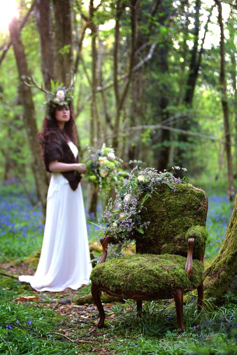 Styled Photoshoot set in a enchanting Sussex bluebell wood using a custom made antler bridal headpiece and a moss covered chair. The final images are strong and magical giving an almost fairytale feel. CREDITS Danni Beach Photography Flowerbug Designs,  & Mathilda Rose Bridal Boutique  #antler #bride #floralcrown #inspiration #woodland #bluebells #sussex #rustic #lace #johannahehir #blush #ivory #mosschair #fairytale #magical #romantic #stag #bouquet #wedding #bridal #styledshoot Enchanted Forest Headpiece, Moss Covered Chair, Chair With Flowers Photoshoot, Bluebell Photoshoot, Wood Photoshoot, Moss Chair, Fairy Shoot, Woods Photoshoot, Forest Enchanted